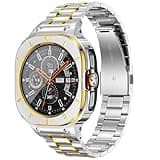 BAITEYOU Stainless Steel Bands with Case Compatible with Samsung Galaxy Watch Ultra 2/1 47mm (2025 2024), Rugged Protector Cover Metal Band for Galaxy Watch 7 8 Ultra for Men (Silver & Gold)