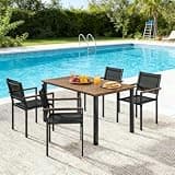 Hassyee 5 Pieces Outdoor Dining Set with Acacia Wood Tabletop and Mesh Design for Poolside, Backyard, Patio Furniture Set with Steel Frame for Dining Room, Deck, Balcony