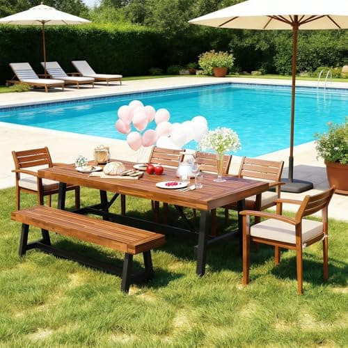 Llsmnba 7-Piece Patio Furniture Set for 7-8 Person, Dining Table with Bench and 5 Ergonomic Chairs, Beige Removable Cushions, Space-Saving Furniture for Backyard Patio Deck