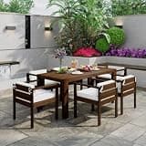 Hassyee 7 Pieces Acacia Wood Patio Dining Set with Removable Cushions and Slatted Design Chairs for Poolside, Lawn, Outdoor Furniture Set with Large Dining Table for Backyard (Dark Brown)