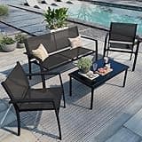 Shintenchi 4 Pieces Patio Furniture Set All Weather Textile Fabric Outdoor Conversation Set, with Glass Coffee Table, Loveseat, 2 Single Chairs for Home, Garden, Lawn, Porch(Black)