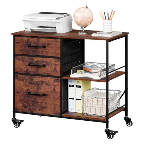 ZenStyle 3-Drawer Mobile File Cabinet with Rolling Printer Stand | Lateral Filing Cabinet with Open Storage Shelf, Fits Letter/A4 Size for Home Office Organization (Rustic Brown)