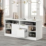 Perledesign File Cabinet, 63'' Wood Lateral File Cabinet with Lock, Fluted Filing Cabinet for Home Office with AC/USB, Adjustable Storage Shelves, Fits for Letter and A4 Size, White