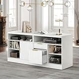 Perledesign File Cabinet, 63'' Wood Lateral File Cabinet with Lock, Fluted Filing Cabinet for Home Office with AC/USB, Adjustable Storage Shelves, Fits for Letter and A4 Size, White