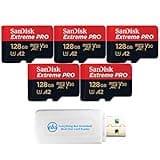 SanDisk Micro 128GB Extreme Pro Memory Card (5 Pack) Works with DJI Air 2S, Air 2, Mini, Mini 2, Mavic 2 Drone (SDSQXCD-128G-GN6MA) Bundle with 1 Everything But Stromboli MicroSDXC & SD Card Reader