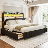 IKIFLY California King Bed Frames with Wingback Hidden Storage Headboard & 4 Drawers, 49.2” Tall Upholstered Cal King Platform Bed with LED Lights & Charging Station, No Box Spring Needed, Black
