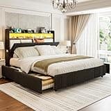 IKIFLY California King Bed Frames with Wingback Hidden Storage Headboard & 4 Drawers, 49.2” Tall Upholstered Cal King Platform Bed with LED Lights & Charging Station, No Box Spring Needed, Black