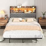 Squireewo Queen Size Metal Bed Frame with Upholstered and 2-Tier Storage Headboard - LED Light and Charging Station, No Box Spring Needed, Heavy Duty Steel Slats for Bedroom, Dorm, Vintage Brown