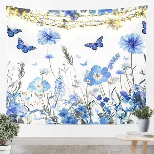 Manfei Flowers Tapestry,Dreamy Girly Floral Tapestries Living Room Bedroom,Spring Garden Theme Tapestry,White Blue Wall Hangings Art(70.9x92.5)