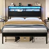 Sweetcrispy Bed Frame King Size with LED Lights and Charging Station, Sturdy Platform Beds Frame with Storage Drawers, 3-Tier Shelves and Under Bed Storage, No Box Spring Needed, Black