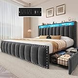 YITAHOME Queen Size Bed Frame with 4 Storage Drawers and RGB LED Lights, Velvet Upholstered Platform Bed with Charging Station and Bookcase Storage Headboard, No Box Spring Needed, Dark Grey
