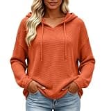 Women Waffle Knit Hooded Top Long Sleeve Loose Breathable Drawstring Hoodie Casual Lounge Fall Winter Sweatshirts Orange