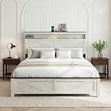 HoldoLife Farmhouse Bed Frame with LED Headboard Storage, Full Size Rustic Wooden Platform Bed with Built-in Charging Station, Sturdy Steel Support, Distressed White