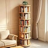 YPIEZI Wooden Rotating Bookshelf with Wheels, 6 Tier 360 Display Floor Standing Bookcase Storage Rack, Multi-Functional Display Shelf for Bedroom Living Room Study Office(B)