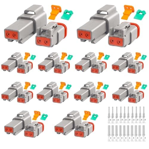 JRready 2 Pin Deutsch DT Connector Kit, 12 Pairs Gray Waterproof Automotive Electrical Wire Connectors with Size 16 Stamped Contacts 14-18 AWG, Wedgelocks and Seal Plugs for Car Truck Marine Wiring