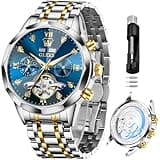 OLEVS Skeleton Men Watches Automatic Business Luxury Diamond Self Winding Watch for Men Stainless Steel Calendar Blue Wrist Watch