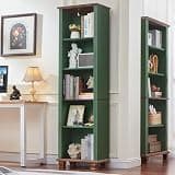 SAVOR LIFE Narrow Green Book Shelf, 69" Tall Skinny Bookshelf with Adjustable Shelves & Wooden Legs, Farmhouse Wood Bookcase w/5-Tier Open Storage, Free Standing Book Case for Office, Living Room