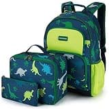 mommore Kids Backpack for Boys, Toddler Backpack for Preschool Kindergarten Elementary Lightweight Bookbag for Students with Lunch Box (3PCS, Dinosaur Green)