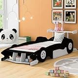 Merax Race Car Bed Frame Twin Size for Boys, Wood Car-Shaped Platform Bed with Wheels, Black