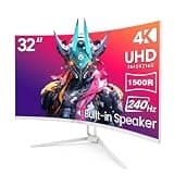CRUA 32" Curved Gaming Monitor, 4K UHD 3840x2160, 240Hz VA Display, 1500R, AMD FreeSync, 120% sRGB, Built-in Speakers, HDMI 2.1 & DP 1.4, Wall Mountable White PC Monitor for Gaming, Streaming & Work