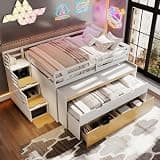 Multi-Functional Full XL Loft Bed with Pull-Out Desk and Twin Trundle, Wood Low Loft Bed with 2 Storage Drawers and Storage Steps, Space-Saving Gaming& Workstation Bedframe (White+Wood-F, Full XL)