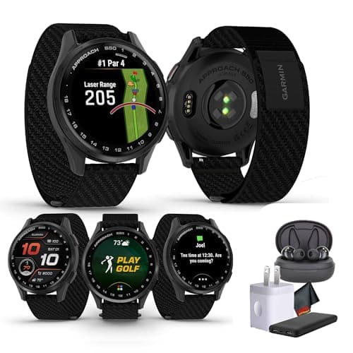 Garmin Approach S50 Advanced Golf Watch with GPS, AMOLED Display, Sports and Fitness Smartwatch, Slate Aluminum Bezel with Black ComfortFit Nylon Band Bundle with Wireless Air Buds