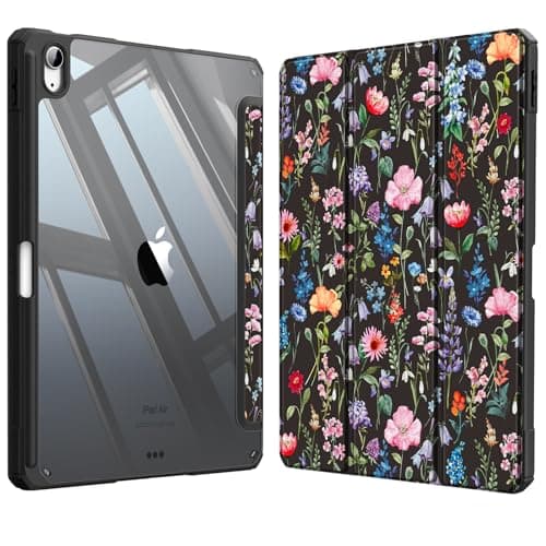 Fintie Hybrid Slim Case for iPad Air 11-inch M4/M3/M2 (2026/2025/2024), iPad Air 5th/4th Generation (2022/2020) 10.9 Inch - Shockproof Cover with Clear Back Shell & Pencil Holder, Black Floral