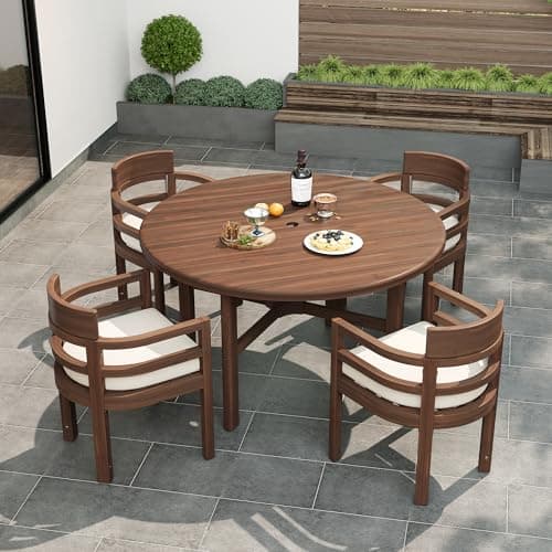 Hlcodca 5-Piece Outdoor Acacia Wood Dining Set Round Patio Table with Umbrella Hole & 4 Cushioned Armchairs All-Weather Garden Poolside Furniture (Mocha1234)