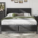 VECELO Queen Bed Frames, Metal Platform Beds with Large Rustic Wooden Headboard, Metal Slats Support, Noise-Free/Easy Assembly, Black