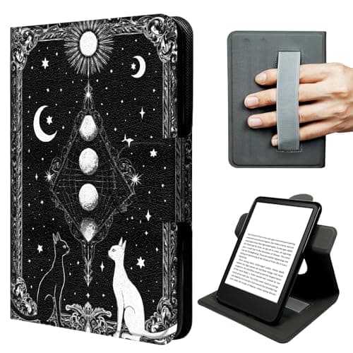 JNFBWULO Case for Kindle 11th Generation (6" Display, 2022 & 2024 Release, Basic Kindle), 360° Rotating Stand Cover with Hand Strap, Auto Sleep Wake Protective Folio - Moon Cat Silhouette