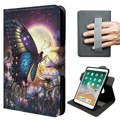 JNFBWULO iPad 9.7 Case (2018 6th Gen / 2017 5th Gen), 360° Rotating Stand with Hand Strap, Vertical & Horizontal Viewing, Auto Sleep Wake - Moon Butterfly