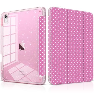 MEEgoodo Case for iPad Air 13 inch 2026(M4) / 2025(M3) / 2024(M2), Glitter Tablet Cases with Transparent Acrylic Back+Trifold Stand +Pencil Holder+Auto Wake/Sleep,Rose Pink & White Polka Dots