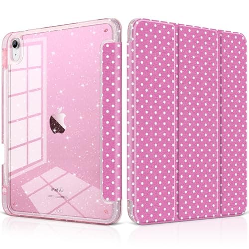 MEEgoodo Case for iPad Air 13 inch 2026(M4) / 2025(M3) / 2024(M2), Glitter Tablet Cases with Transparent Acrylic Back+Trifold Stand +Pencil Holder+Auto Wake/Sleep,Rose Pink & White Polka Dots