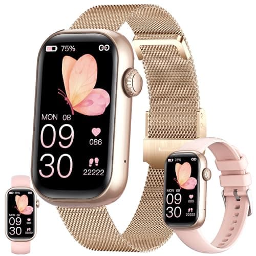 ZPIMY 1.47” AMOLED Smart Watch for Women (Make/Answer Call), 5ATM Waterproof Mens Smartwatch, Fitness Tracker Smartwatch for Android iPhones, Digital Watches Step Counter, 2 Straps (Gold)