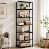 Furevol 7-Tier Metal Storage Shelves Bookcases, Metal Frame Bookshelf, Storage and Organizaton Book Shelf, 11.8 x 23.6 x 74.9, for Living Room, Home Office, Bedroom, Amber Pine