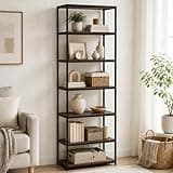 Furevol 7-Tier Metal Storage Shelves Bookcases, Metal Frame Bookshelf, Storage and Organizaton Book Shelf, 11.8 x 23.6 x 74.9, for Living Room, Home Office, Bedroom, Amber Pine