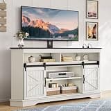YITAHOME Farmhouse TV Stand with Mount & Power Outlet for 70 Inch TV, Corner Entertainment Center with Sliding Barn Doors, TV Media Console Table with Storage, Living Room, 63 Inch, Milky White/Black