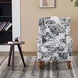 agnixnaf White Accent Chair with 1 Table, Black Branch Pattern, Wing-Back Design & Brown Wood Legs, Classic, Armchair for Living Room, Bedroom, Office