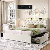 Obdbaiti Queen Bed Frame with 4 Storage Drawers, Metal Queen Size Platform Bed with Charging Station & Wooden Slats Support,Velvet Upholstered Wingback Headboard and LED Lights