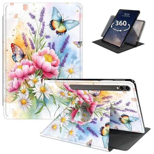 LYHXLYJH Case for Samsung Galaxy Tab S10 Ultra 2024 14.6",360 Degree Rotating Smart Cover Case with S Pen Holder & Auto Sleep/Wake for Tab S9 Ultra/S8 Ultra-Colorful Butterfly Daisies Lavender