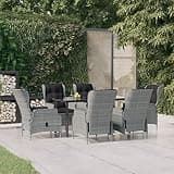 KLGBNCVE 7 Piece PE Rattan Garden Dining Set with Light Gray Poly Rattan, Tempered Glass Tabletop, and Adjustable Backrest Chairs for Outdoor Patio