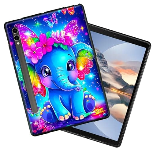 HEAKIERG Black Case for Samsung Galaxy Tab S8 Plus 2022/S7 FE 2021/S7 Plus 2020 12.4 Inch, Soft TPU Silicone Protective Shell Shockproof Cover for Women Men, Blue Elephant Flower