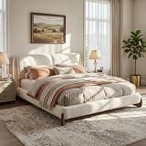 Merax King Chenille Platform Bed with 2 Removable Headboard Pillows, Beige