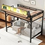 Bellemave Twin XL Loft Bed with Storage Shelves & Pegboard, Metal Loft Bed Frame with USB Ports & LED Lights, Heavy Duty Bed with Large Under-Bed Space for Family, No Box Spring Needed, Black Natural