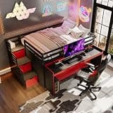 Merax Full XL Loft Bed with Pull-Out Desk and Twin Trundle, Multi-Functional Bunk Bed with 2 Drawers, Storage Steps & Safety Guardrails, Space-Saving Gaming & Workstation Bedframe, Black+Red