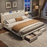 Garvee King Size Bed Frame with Storage, Velvet Upholstered Platform Bed Frame with Crystal Tufted Headboard, Charging Station, 3 Drawers, No Box Spring Needed, Noise-Free,for Bedroom, Ivory