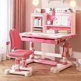 gibxiyza Kids Desk and Chair Set Toddler Desk Art Table for Kids School Desk Height Adjustable Kids Drawing Table with Sitting Corrector, Ergonomic Desk Chair with Book Stand, Foot Pedal Pink