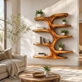 PREAUREUM Contemporary Wooden Tree Bookcase, Wall Mounted Branch Display Shelf with 8" D Open Storage for Living Room, Office & Plant Decor