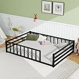 Bellemave Full Size Floor Bed with Rails and slats for Kids, Girls, Boys, Metal Montessori Floor Bed with slats, Black