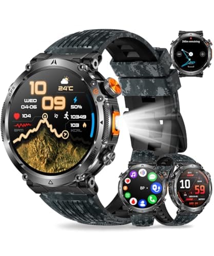 TAYSHILEY Military Smart Watch for Men, 1.7" HD Rugged Smartwatch with GPS, Bluetooth Call, 100+ Sports Modes, Heart Rate Blood Pressure Sleep Monitor, IP68 Waterproof Fitness Tracker (Camo Band)